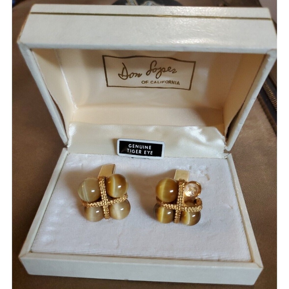 Vtg 1960's Tiger Eye Cufflinks Don Loper of California Mens Goldtone Flaw Read